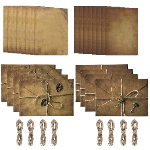 Juego de 4 Papel de Escribir Vintage,Pergaminos para Escribir,Sobres y Papel de Carta con Colgantes,Cuerdas de Cáñamo, Pegatinas, Sobres de Papel Antiguos para Tarjetas de Felicitación Boda Cumpleaños