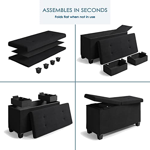 Storage Ottoman Bench With Storage Bins, 30-In Storage Bench For Bedroom End Of Bed, Folding Foot Rest Ottoman With Storage For Living Room, Storage Chest Max 660Lbs, Linen Fabric Black Ottoman #TOP5