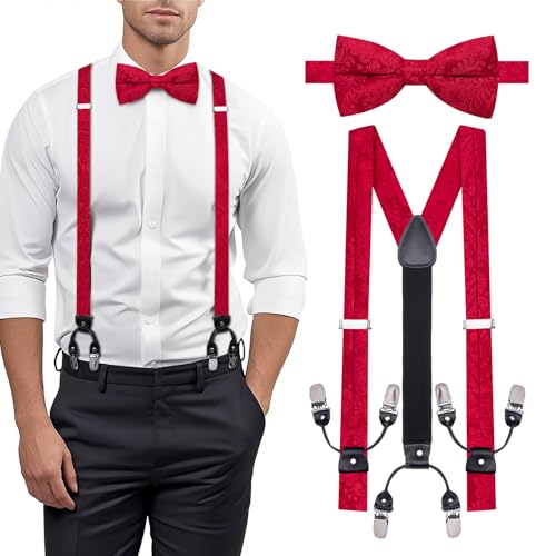Image of YOHOWA Men Suspenders 6 Clips Strength Adjustable Y Braces Pre-Tied Bow Tie Set Formal Wedding Party