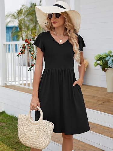 Image of Heymoments Women's Ruffle Sleeve V Neck Swing Sundress Summer Casual A-Line Midi Dress with Pockets S-2XL