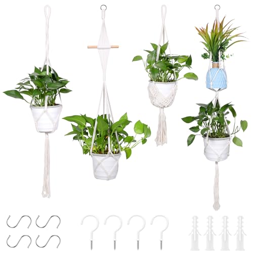 Zorplex 4 Pièces Suspensions Plantes en Macramé, Paniers Suspendus en Corde De Coton avec Crochets, Porte-Pots de Fleurs Bohème pour Décoration Intérieure et Extérieure, Balcon, Fenêtre (Blanc)