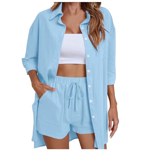 Conjunto de punto mujer para paseos de verano con shorts cómodos y blusa de manga 3/4