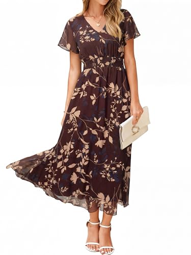 Simplee Womens Floral Maxi Dress - Short Sleeve Summer Boho Wedding Guest Dress Empire Waist Chiffon Modest Midi Dresses Brown,L