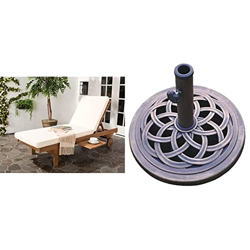 Safavieh Outdoor Collection Newport Natural/Beige Cushion Built-In Side Table Adjustable Chaise Lounge Chair & Dc America Ubp18181-Br 18-Inch Cast Stone Umbrella Base #TOP16