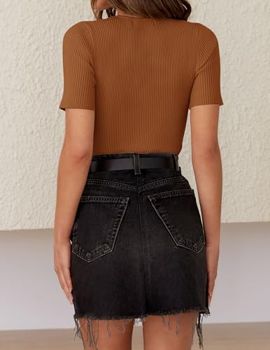 Image of ZESICA Women's Short Sleeve Sweater Tops 2026 Summer Crewneck Basic T Shirt | Business Casual Outfits, Solid Color Ribbed Knit Tee, Slim Fitted, Soft Skin Friendly, Going Out Top, Cute Dressy Blouse