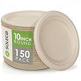 SOLECO Compostable Paper Plates 10 Inch [150 Pack], Disposable Biodegradable Heavy Duty Paper Plates,Heat Resistant Alternative to Plastic or Paper,Made of Natural Sugarcane Fibers