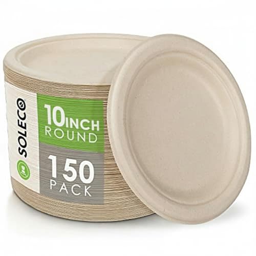 SOLECO Compostable Paper Plates 10 Inch [150 Pack], Disposable Biodegradable Heavy Duty Paper Plates,Heat Resistant Alternative to Plastic or Paper,Made of Natural Sugarcane Fibers