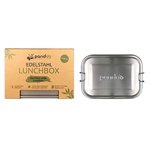 pandoo Stainless Steel Lunch Box 1200 ml Includes Cotton Bag, Divider and E-Book Leak-proof Environmentally Friendly Lunch Box Children and Adults Bento Box Flexible Divider Cover