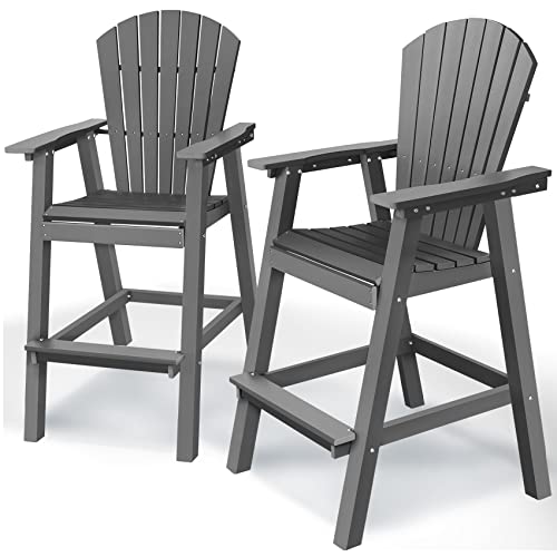 Pasamic Tall Adirondack Chair Set Of Two, Hdpe Balcony Chair, Patio Bar Stools Weather Resistant For Outdoor Deck Lawn Garden Swimming Pool, Grey #TOP18