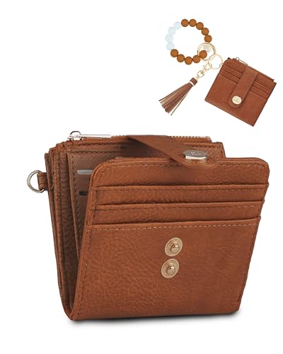 Image of Small Wristlet Wallets for Women Keychain Wristlet Wallet RFID Blocking Key Chain Wallet With Zipper Coin Pocke,2 Id Window(Brown)