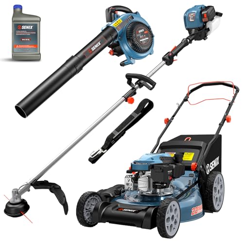SENIX 22' Self-Propelled Gas Lawn Mower (170cc) +17-Inch 26.5 cc Gas Weed Wacker + 26.5cc Gas Leaf Blower Yard Tool Kit