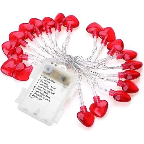 Valentines Heart Lights String Decoration- 20 LEDs 8.2ft/2.5m Red Heart String Lights with 8 Modes Waterproof Battery Operated Twinkle Indoor Outdoor Light for Wedding Anniversary Party Home Room Cover