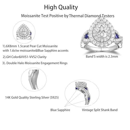 DovEggs Moissanite Engagement Ring for Women,Moissanite Rings 3ctw Total GHI Color Pear Cut Vintage Double Halo Split Shank Wedding Ring Moissanite&Blue Sapphire 14K Gold Quality Sterling Silver(9)2