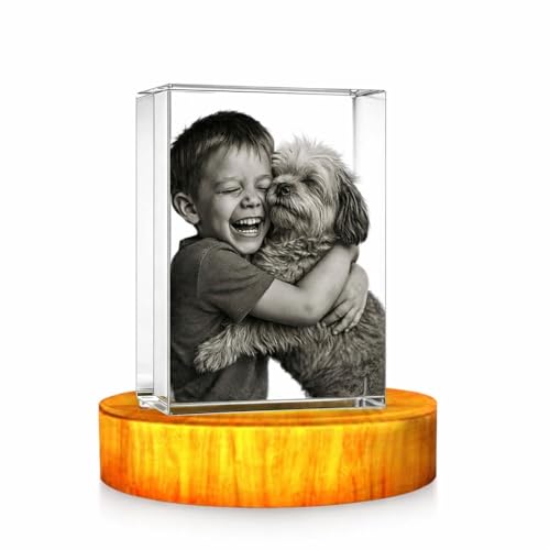 Image of RANGOLI Personalized 3D Crystal Photo Cube (40mm x 40mm x 60mm) Black & White Custom Engraved Glass Picture Keepsake, LED Light Base Option - Unique Gift for Birthday, Wedding, Anniversary, Couples, Memorial.
