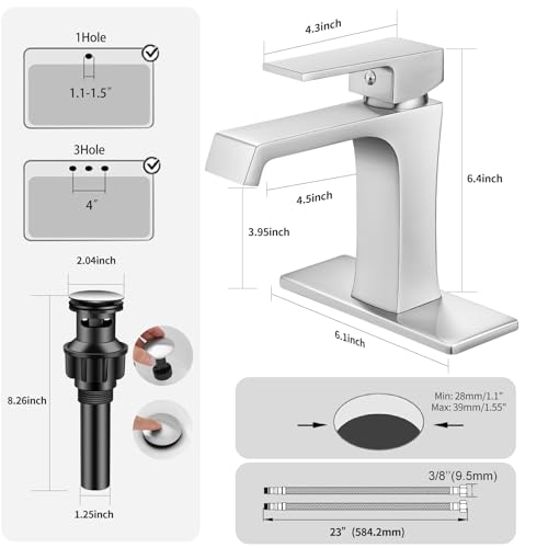 YEUALUQAN Waterfall Bathroom Faucet Brushed Nickel Bathroom Sink Faucet, Modern Single Hole Bathroom Faucet, Single Handle RV Sink Vanity Faucet—Includes Pop-Up Drain, Suitable for 1-Hole or 3-Hole - image 3