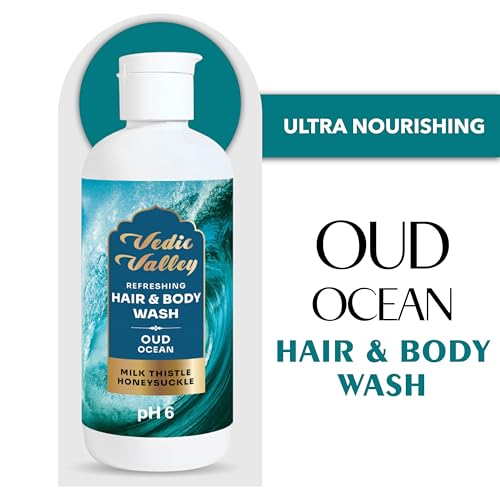 Image of VEDIC VALLEY Oud Ocean Hair & Body Wash with Milk Thistle and Honeysuckle | Paraben Free Body Wash for Men & Women Helps Reduce Hair Fall, Brightens Skin, Nourishes & Moisturizes Formula | 300 ml