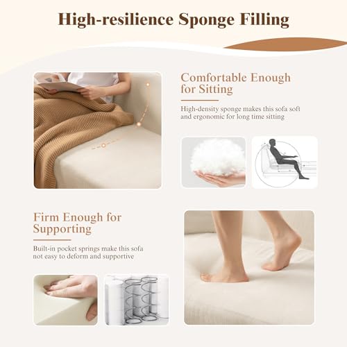 Image of 99 inch Curved Sectional Sofa, Beige, Left Chaise+Right Sofa | Modern Boneless Couch, Deep Seat, L Shaped 3-Seater Cloud Couch, No Assembly Needed, Chenille