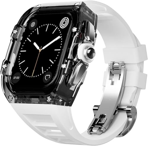 AXPTI Funda transparente para reloj con kit de modificación de correa de goma de flúor, para Apple Watch 8, 7, 6, SE, 5, 4, 45 mm, 44 mm, modificación y actualización, 44MM, Ágata