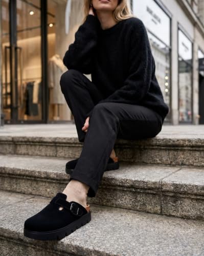 Image of Women's Suede Platform Clogs Chunky Mules Slip On