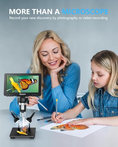 Image of 7'' Digital Microscope 1200X, 12MP 1080P Photo /Video Microscope for Adults Soldering Coins,Metal Stand,Wired Remote,10 LED Fill Lights,PC View,Windows /Mac - Black