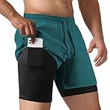 NIMOJIRO Men's 2 in 1 Running Shorts Workout Athletic Shorts with Liner Lightweight Outdoor Sports Training Yoga Gym Shorts with Phone Pockets Lake Blue