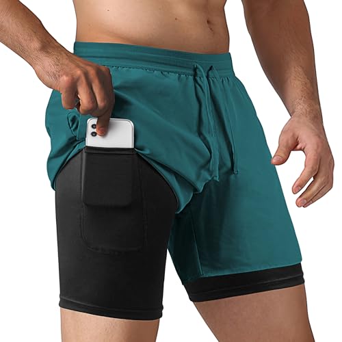 NIMOJIRO Men's 2 in 1 Running Shorts Workout Athletic Shorts Outdoor Sports with Liner Lightweight Training Yoga Gym Shorts with Phone Pockets Lake Blue S