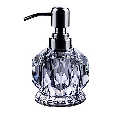 Crystal Glass Soap Dispenser for Bathroom, Modern Decorative Hand Soap Dispenser with Rust Proof Stainless Steel Pump, Premium Lotion Dispenser for Kitchen Hotel Club Ornaments (4.3x4.3x6.3inch Clear)