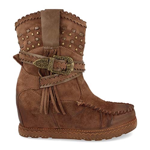 Buonarotti Bota de Estilo Indio, Correas con Hebilla, Flecos en Cana, Cuna Interior, y Cierre de Cremallera, Otono Invierno 2020. Talla 40 Kaki
