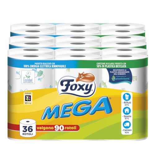 Foxy Mega | Carta igienica 36 rotoli| 480 strappi| Decorata |100% Energia elettrica rinnovabile| Confezione prodotta con plastica riciclata