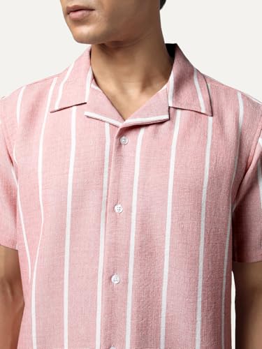 Image of Urbano Fashion Men's Cotton Half Sleeve Relaxed Fit Linen Striped Shirt with Cuban Collar