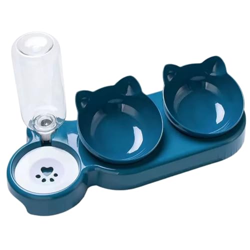 フードボウル 給水ボトル セット 猫 ペット 小型犬 用 自動 給餌器 給水器 健康維持 グッズ (ネイビー (ボウル2個))