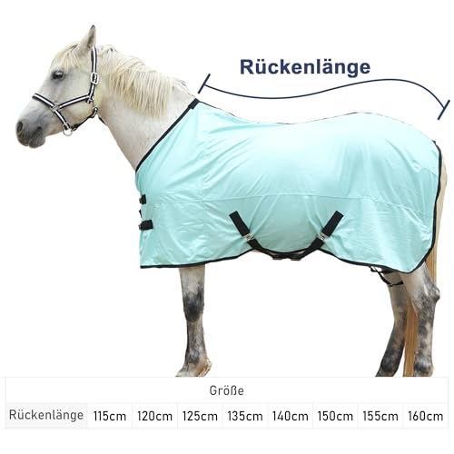 Gallopoff Fliegendecke für Pferde, atmungsaktive Sommerdecke mit UV-Schutz und Kratzschutz, mit verstellbarem Brustverschluss, Kreuzgurt und Beinschnüren Grün 135 cm