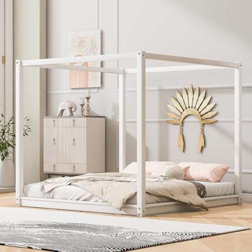 Harper & Bright Designs King Size Wooden Canopy Floor Bed Frame, Solid Wood Canopy Platform Bed Frame with Support Slats, White