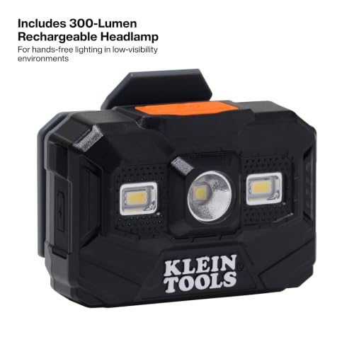 Image of Klein Tools Hard Hat, Vented Full Brim, Class C, Premium KARBN Pattern, Rechargeable Lamp