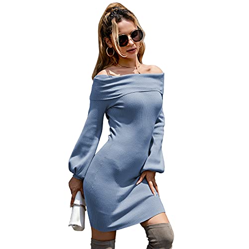 EXLURA Womens Off Shoulder Sweater Dress Lantern Long Sleeve Bodycon Casual Pullover Mini Dress Blue