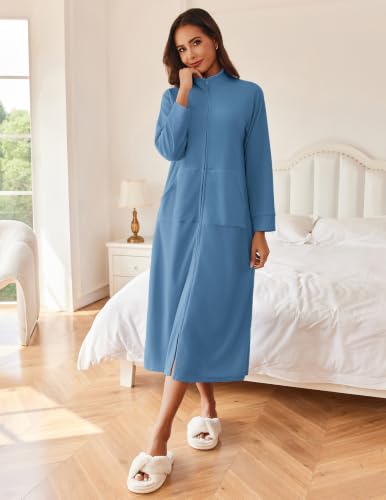 Image of Ekouaer Women Zipper Robe Long Sleeves House Coat Soft Bathrobe Sleepwear with Pockets Housecoat Loungewear