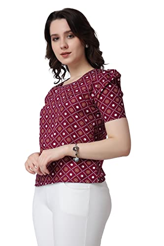 Image of POPWINGS Casual Printed Puff Sleeves Round Neck Top for Women || Stylish Summer Tops for Women || Hip-Length Women Top