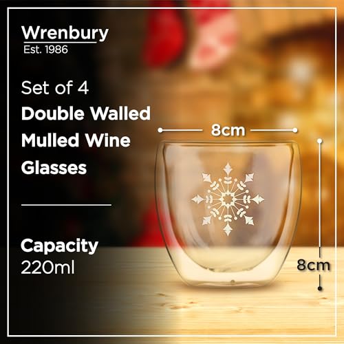 Wrenbury Mulled Wine Glasses 220ml, Set of 4 Snowflake – Double Walled Borosilicate Hot Toddy Mugs – Insulated Festive Drinking Glasses for Christmas Drinks