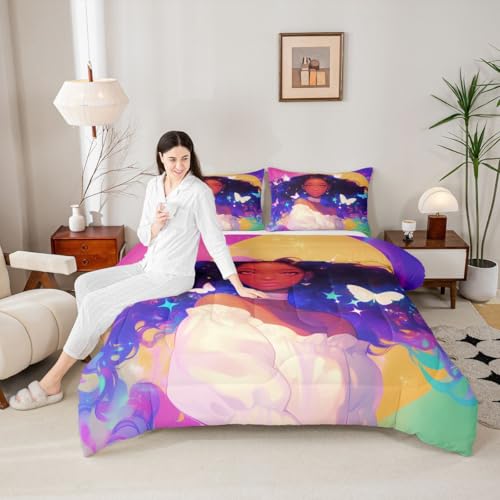 Image of Erosebridal Black Princess Bedding Sets American Afro-Girl Comforter Set Moon Galaxy Girl Butterfly Decorations Bedding Queen