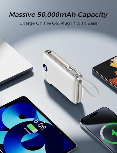 Image of Portable Charger 50000mAh with Built-in Cables and AC Wall Plug, 22.5W Fast Charging Power Bank with LED Display for iPhone 17 /16, Samsung, Android Devices, Camping, Road Trips and Travel, White