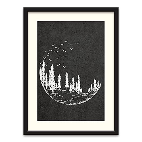 SIGNLEADER Framed Canvas Print Wall Art Crescent Moon with Trees and Birds Nature Wilderness Illustrations Expressionism Bohemian Relax/Calm Dark for Living Room, Bedroom, Office - 23