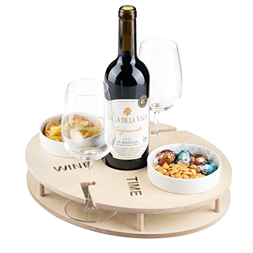 INEXTERIOR WineTime - WeinBar für Weiflasche und Gläser sowie Snacks - Aus Birkenholz hangefertigt - Made in Germany - Weinträger Weinregal tablett Brett unterlage (Natur)