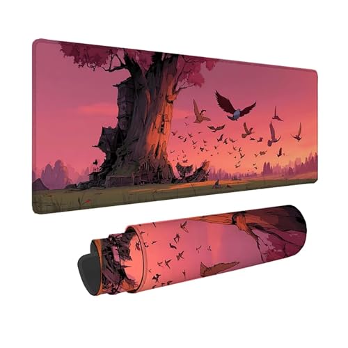 Tapis de souris XXL rose 150x80 cm avec oiseau et bords cousus pour bureau PC