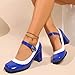 Women's Leather Chunky Mary Janes High Heel Closed Toe Round Toe Retro Dress Wedding Shoes Blue