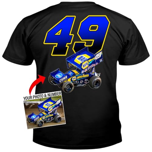 Sprint Car Dirt Track Racing Personalized Photo & Number T-Shirt For Racers, Late Model, Midget Car, Street Stock Modified Car, Funny Racer, Custom Racing Team Gift (on the back) (BK311)