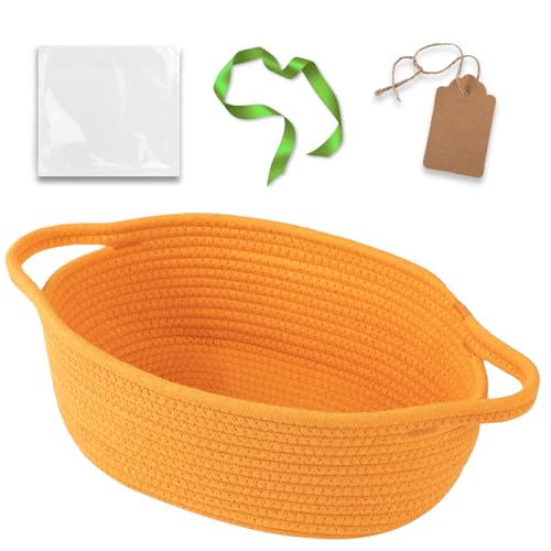 Image of OIAHOMY Small Woven Basket with Gift Bags, Ribbons & DIY Label Card, Baskets for Gifts Empty, Small Rope Basket 12 * 8 * 5IN, Cute Decorative baskets with Handles for Baby Pets, Toys, Orange