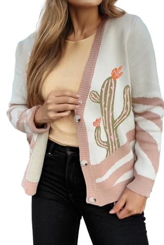 MARZXIN Womens Cardigan Sweaters Apricot Desert Cactus Buttoned Front Sweater Cardigan