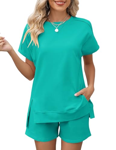 Image of LOMON Womens Fashion 2 Piece Outfits Sweatsuits 2026 Summer Short Sleeve Loungewear Tracksuit Round Neck Lounge Shorts Sets