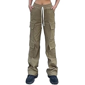 Nuofengkudu Womens Stretch Cargo Broek met Zakken Utility Elastische Hoge Taille Trekkoord Combat Werkbroek Tiener Meisjes Y2K Streetwear