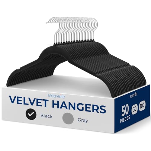 SereneLife 50-Piece Velvet Shirt Hangers – Black Non-Slip, Heavy Duty Clothes Hangers with 360° Swivel Hooks, 0.2″ Slim Design, Sturdy & Lightweight Closet Organizers for Shirts, Coats & Pants